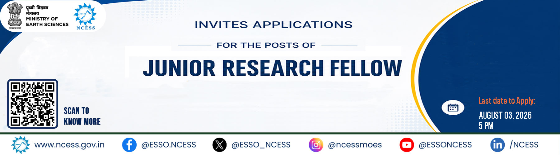 Inviting applications for the posts of Junior Research Fellow (JRF) on contract basis against Advt. No. NCESS/P&GA/9477/04/2026